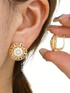 18k Crystal Stud Earrings, Vintage Hollow Round Disc Design, Sparkling Zircon, Hypoallergenic, Daily & Party Wear