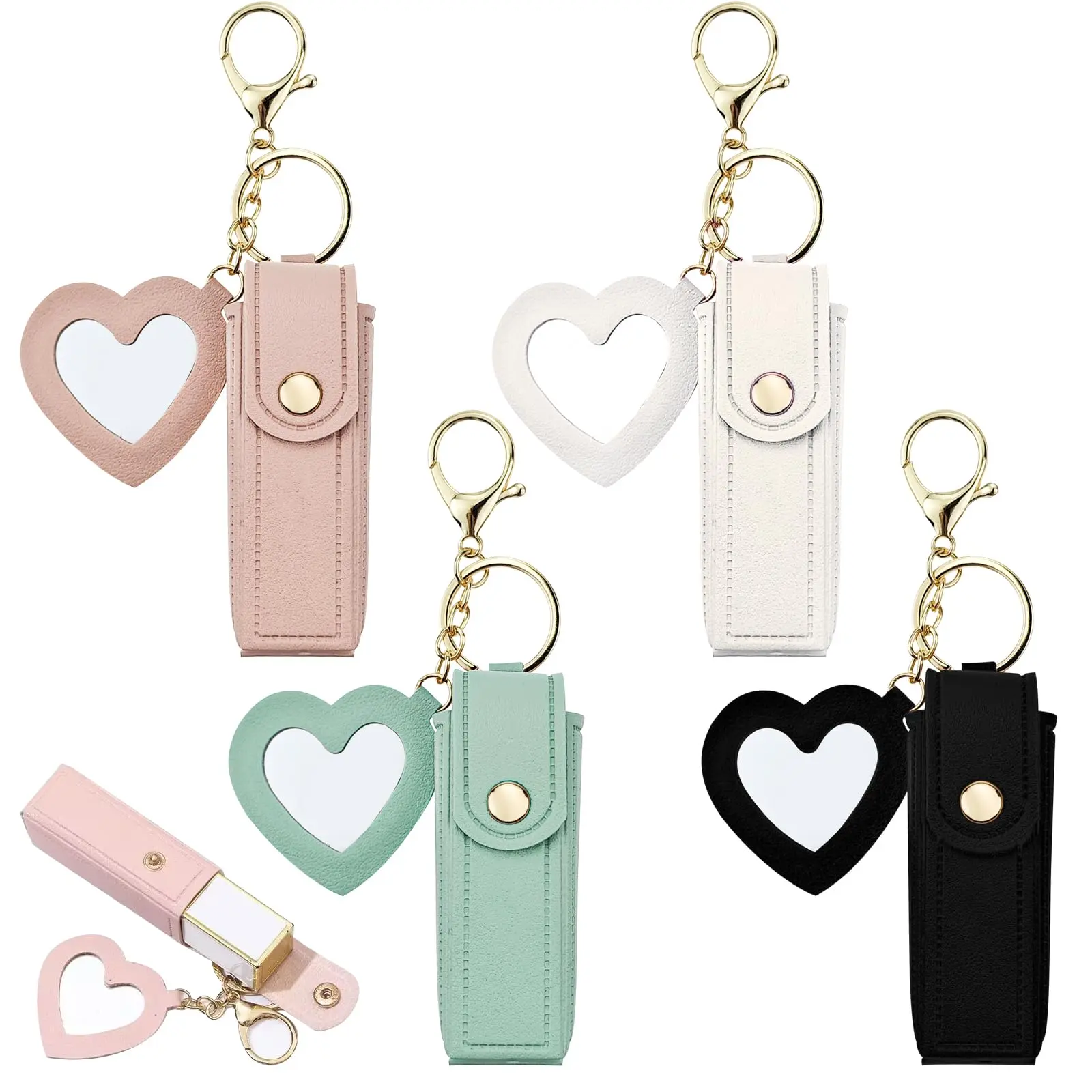 Women's 4-Pack PU Leather Chapstick Holder Keychain with Mirror, Makeup Organization Storage Case, On-the-Go Cosmetic Organisers for Travel, Ideal Mother's Day & Class of 2026 Graduation Gift