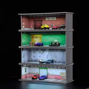 Dioramans Hot Diecast Wheels Display Case 1/64 Scale with LED Light, Acrylic Cover, 6 Parking Spaces, Parking Garage Dioramas