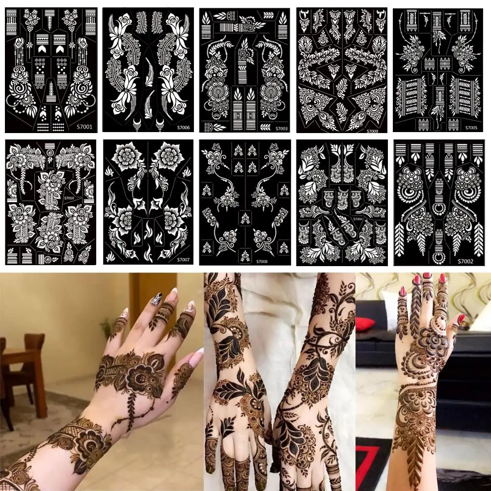 10 Sheets Tattoo Stencils 10 Pair Arm Hand Tattoo Template Temporary Indian Arabian Glitter Airbrush Tattoo Stickers for Face Body Paint DIY (Black)