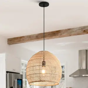 16" Virgil Bohemian Handwoven Rattan Pendant Light, Wabi Sabi Coastal Wicker Ceiling Lighting Fixture, Height Adjustable Hanging Lamp for Kitchen Island Bar Bedroom