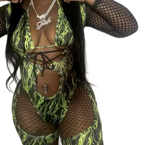 Spandex Bottle Girl Outfit Cutout Bartender 2 Piece Set Women - Green And Black Lightning with Long Sleeves Fishnet - Womenswear Comfort - Bottle Service - Exotic Dancewear