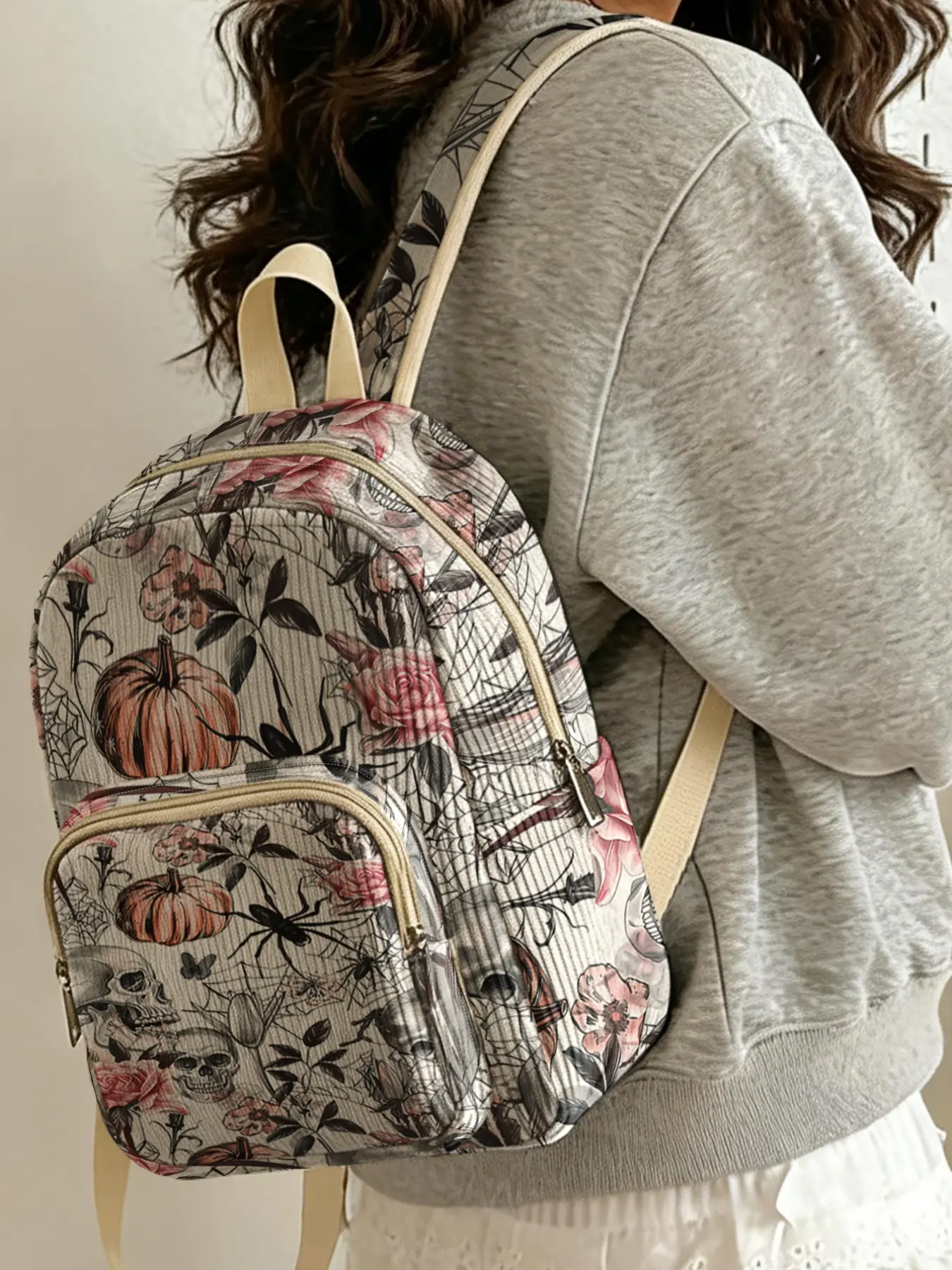 1 piece of skull rose pattern 2D printed lady's backpack, corduroy texture + layered storage + light weight reduction | perfect for students going to class/shopping/short trips | atmosphere and practicality combined Lightweight Backpack