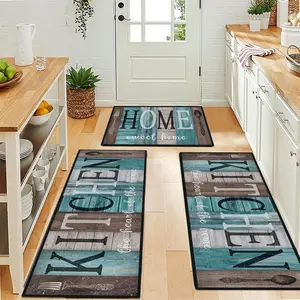 Farmhouse Wooden Boho Kitchen Rug Set, 3 Counts/set Washable Kitchen Mat, Non Slip Low Profile Kitchen Area Rug Floor Mat for Kitchen, Laundry Room and Hallway