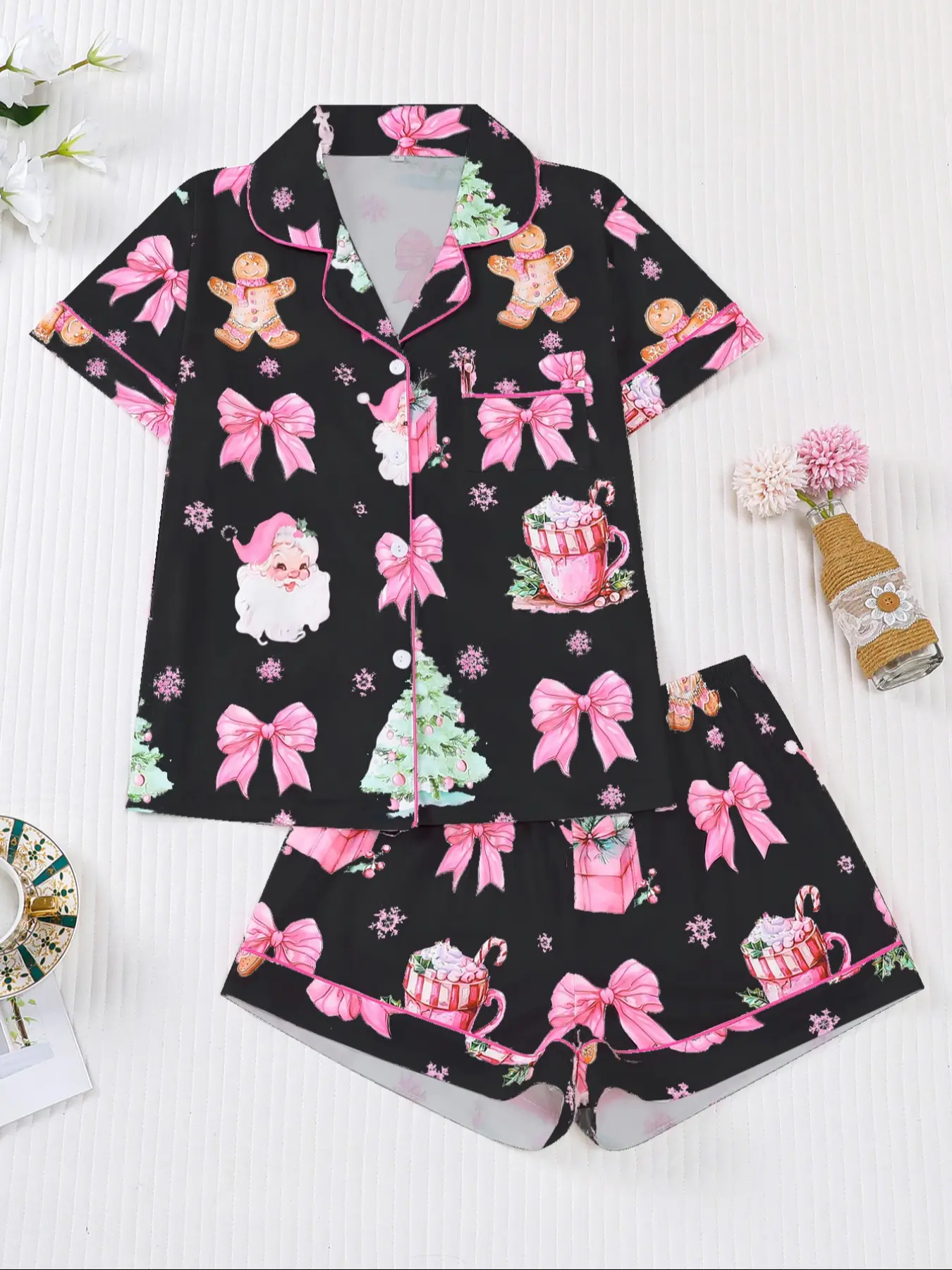 Women's Christmas Print Pajama Set, Santa Cookie Candy Elements, Short Sleeve Button-Up Top & Elastic Shorts, Casual Holiday Sleepwear