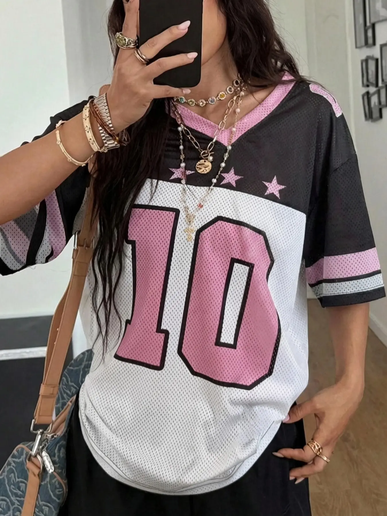 Women's Y2K Vintage Breathable Mesh Jersey Top, Loose Fit Digital Print Short Sleeve Tee, Trendy Casual Womenswear, Casual Sporty Comfy Everyday, Casual Athletic Style, Piece