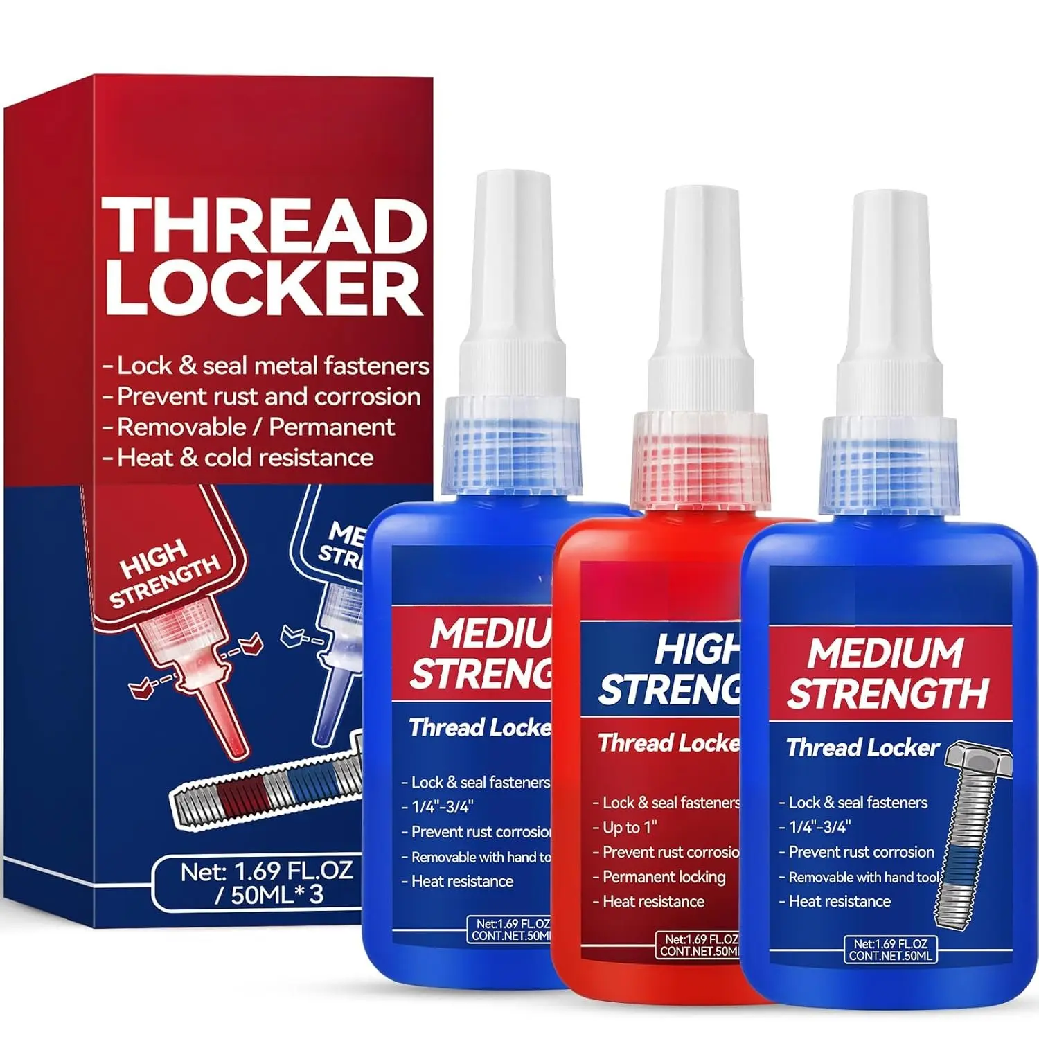 Thread Lock Blue and Red, Threadlocker Removable & Permanent, Thread Locker for Nuts, , Fasteners and Metals, Against Losening and Leakage (Medium 50 ml *2 + High 50 ml *1)