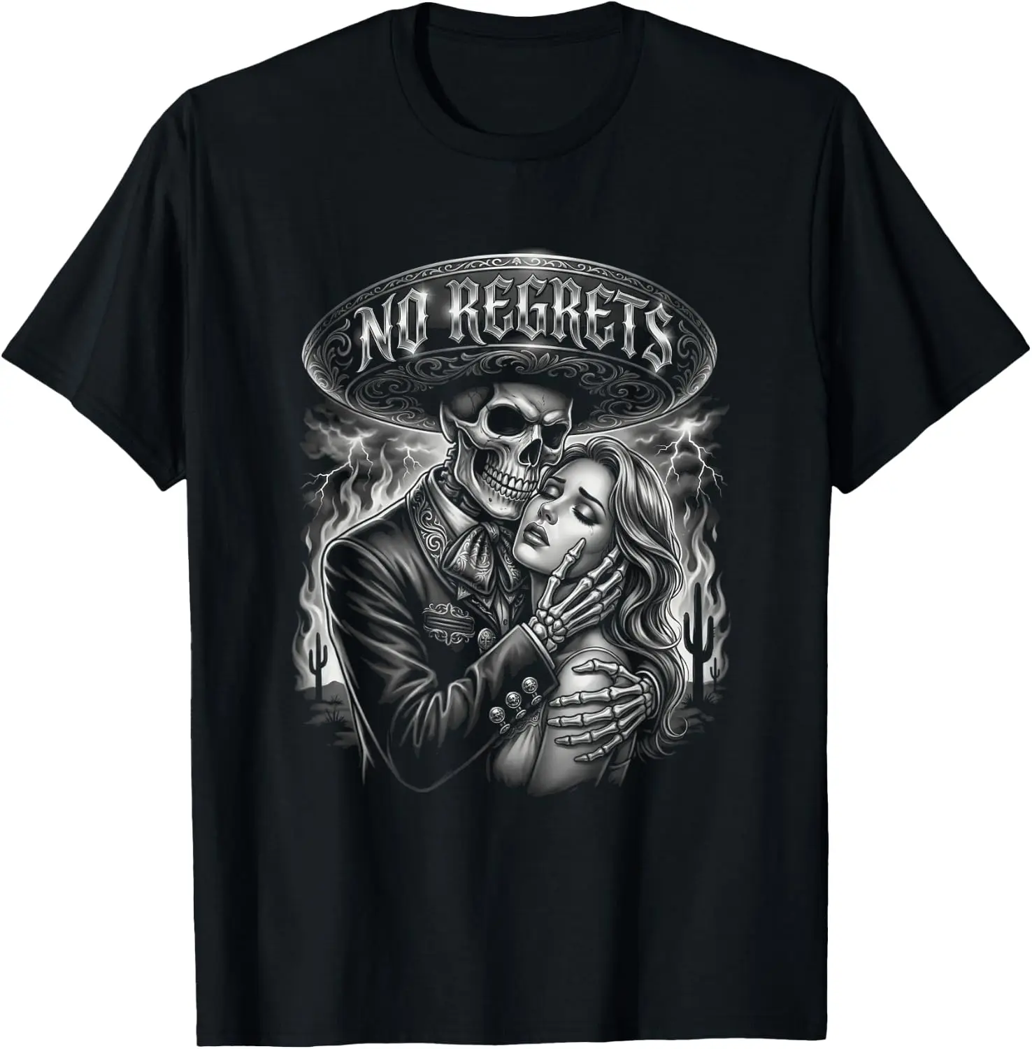 Chicano Skeleton No Regrets Sombrero Tattoo Style T‑Shirt, Unisex Crew Neck Short Sleeve Graphic Tee, Mexican Culture Casual Daily Wear Top for Men Women