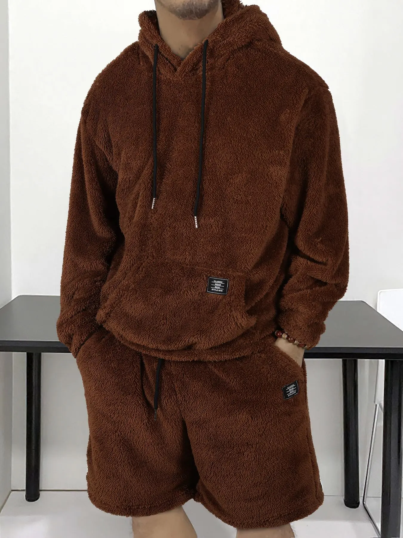 Men's Hooded Sweatshirt & Shorts All Season Set Outfit, Fresh New Arrival Must-Have, Casual Long Sleeve Fitted Design Suit Fabric, Matching Sweat Set