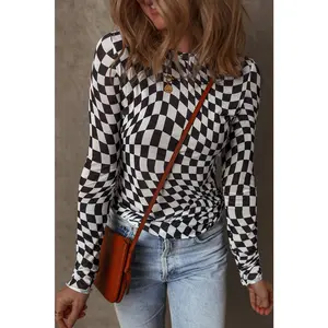 Women's Stretchy Checker Mesh Mock Neck Long Sleeve Blouse, Casual Everyday Fabric Top