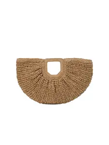 Summer Beach Vacation Straw Basket Bag for Women, Hollow Handle Crescent Shape Woven Tote, Versatile Large Capacity Sand Handbag, Bohemian Straw Bag