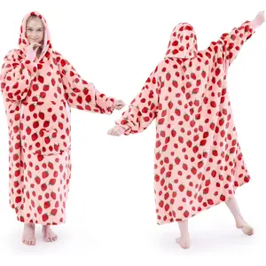 Wearable Blanket Hoodie, Oversized Fleece Hooded Sweatshirt Blanket with Sleeves,Cozy and Giant Hoodie Long for Adults Winter Gift (Strawberry)