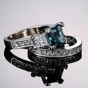Princess Lab Created Simulated Aquamarine Blue Topaz Diamond Bridal Set Ring Silver Plated Engagement Wedding Ring Set