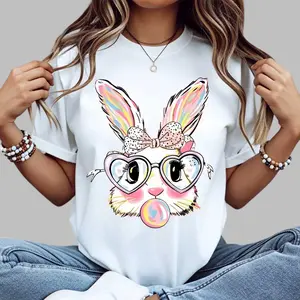 Graphic tee Cute Bunny Rabbit T-Shirt White Colorful Easter Bunny With Heart Glasses And Bubblegum Print For Spring And Holiday Wear