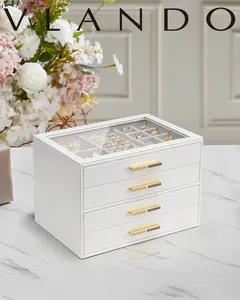 VLANDO Classic Rectangle Women's 4-Layer Jewelry Box with Waterproof Dustproof Glass Lid & 4 Drawers, Home Organizer Storage Box, Christmas Gift (Cream White)