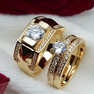 Elegant 14K Gold-Plated Copper Couple Ring Set (1 set) with Synthetic Zirconia Engagement and Wedding Bands for Men and Women – Luxury Fashion Jewelry