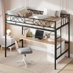 Twin Size Loft Bed for Teens & Adults Metal Loft Frame w/ Safety Guardrail & Flat Ladder Rung, Heavy Duty Steel Slats, Space‑Saving Design, No Box Spring Needed