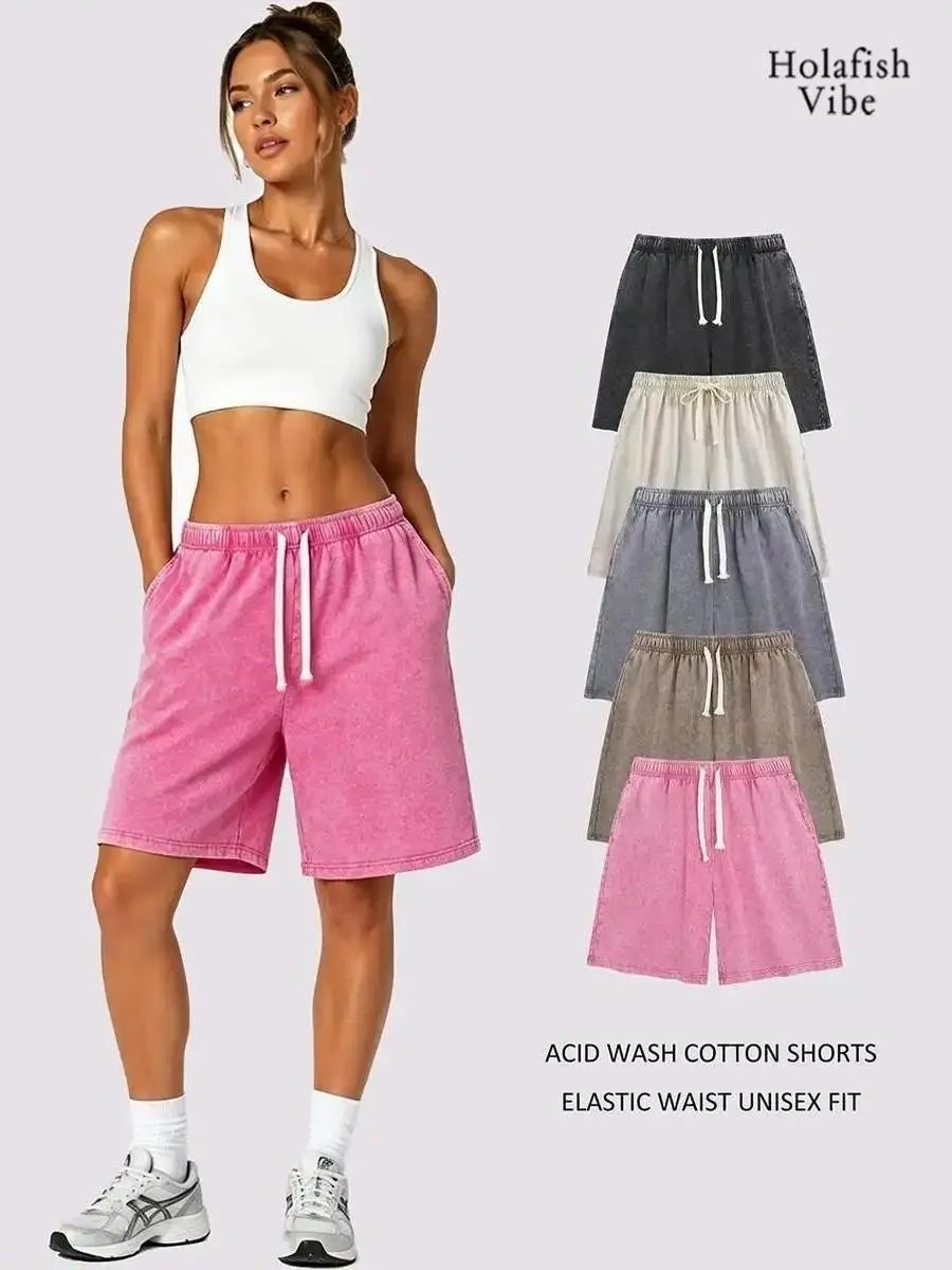 Holafish Women's Retro Acid-Wash Cotton Shorts - Unisex Oversized Relaxed Baggy-Fit, Comfortable Elastic Waist Essential Summer Streetwear for Garden Parties, Coastal Walks (Vibe-Infused), Print