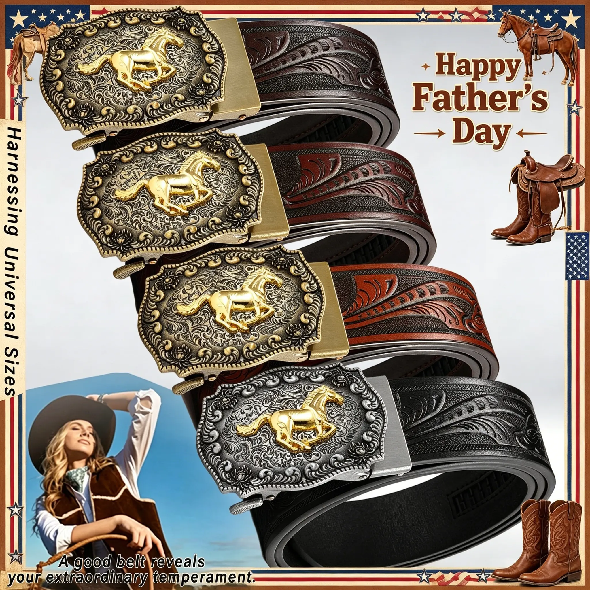 Father's Day Men’s Western Cowboy Style Men Leather Automatic Ratchet Belt With Distressed Silver Buckle And Gold Embossed Horse, Exquisite Floral Embossed Belt Strap, Perfect Gift For Valentine's Day And Father's Day