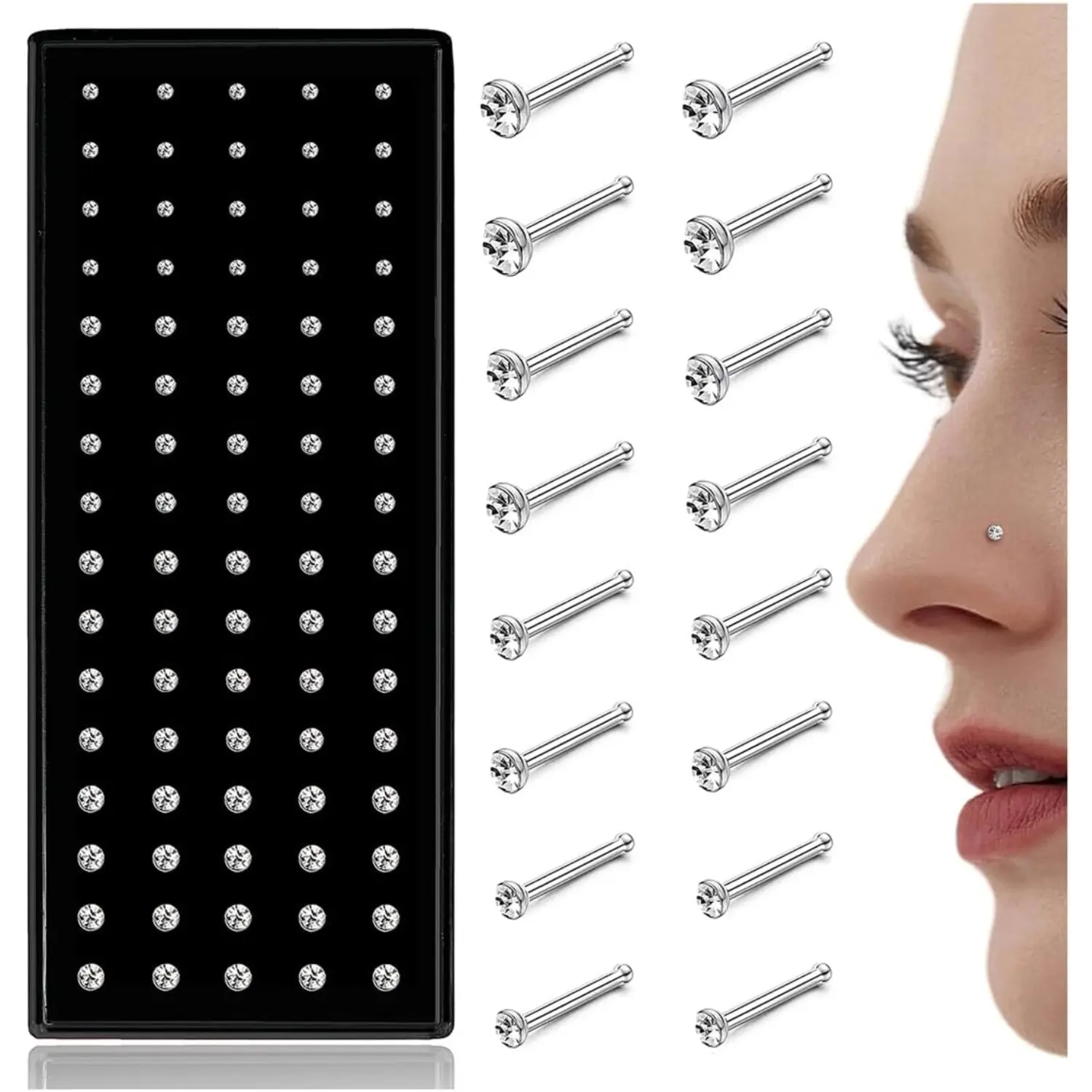 Summer 80Pcs Nose Rings Studs for Women Men - Straight or L Shaped Surgical Stainless Steel Small Nose Studs Pin - Hypoallergenic 20G 22G Tiny Nose Piercing Jewelry 1.5/2/2.5/3 mm CZ Nose Cuff