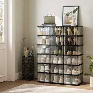 SONGMICS HOME Collapsible Shoe Boxes - Foldable Stackable Portable Organizer for US Size 13 Transparent PP Plastic Racks