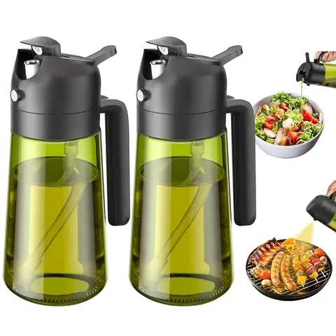 2-Count 2-in-1 Oil Sprayer & Dispenser Kitchen Gadgets - 16oz/470ml Light-Blocking Dark Glass Bottle, No Mess Portable Refillable Cooking Oil Container for Salad Drizzle, Air Fryer
