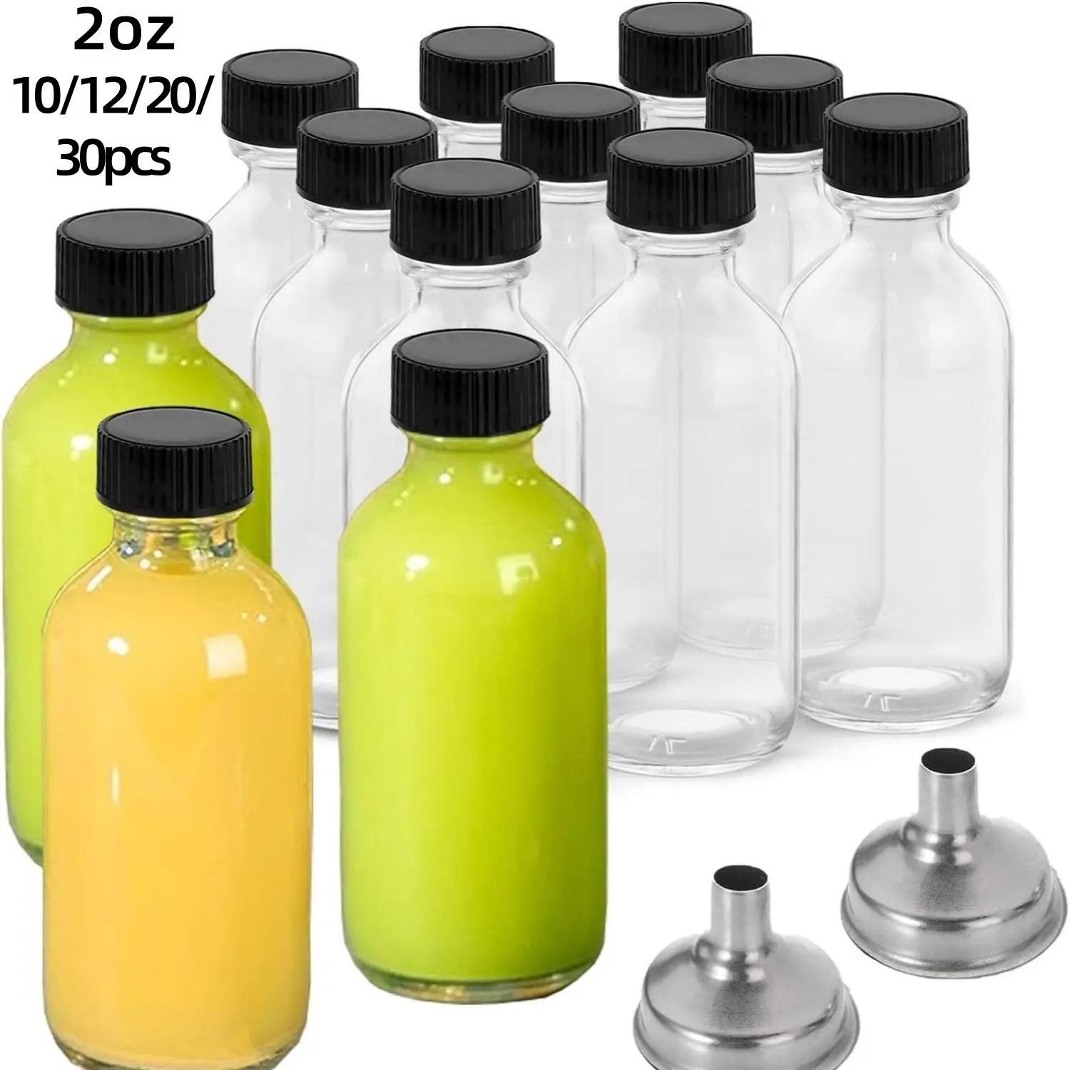 2 Ounce Reusable Glass Bottle Set of 12 Pack with Lids, Portable Juice Bottles for Homemade Beverages, Ideal for Ginger Shots and Liquid Storage, Bottle Bulk