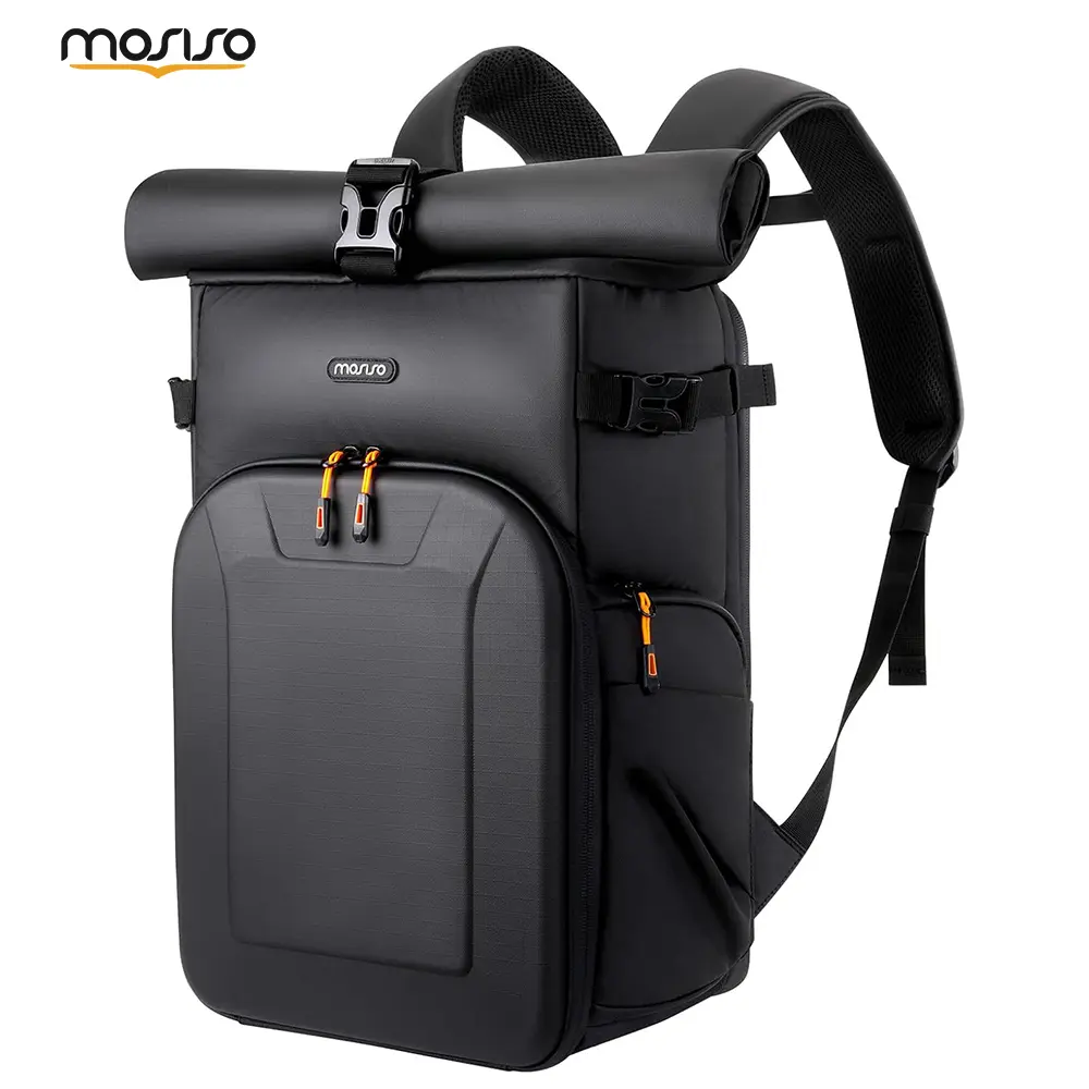 MOSISO Camera Backpack Accessories, Front Hardshell Pocket & Roll Top, Waterproof with Rain Cover, Fits DSLR/SLR/Mirrorless Cameras (Canon, Nikon, Sony) & 15-16 in Laptop, Tripod Holder, Black Travel Bag