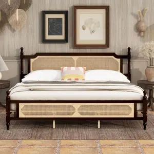[Bellemave]Queen /King  Pine wooden Bed with Rattan Headboard and Footboard, with Central Enhanced Bed Platform