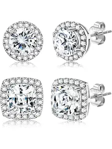 4 Pcs 18K Gold Plated Halo Stud Earrings 925 Sterling Silver Cubic Zirconia Stud Earrings Round Square Diamonique Stud Earrings Set for Women Men High Quality Earrings Stud Earring Jewelry