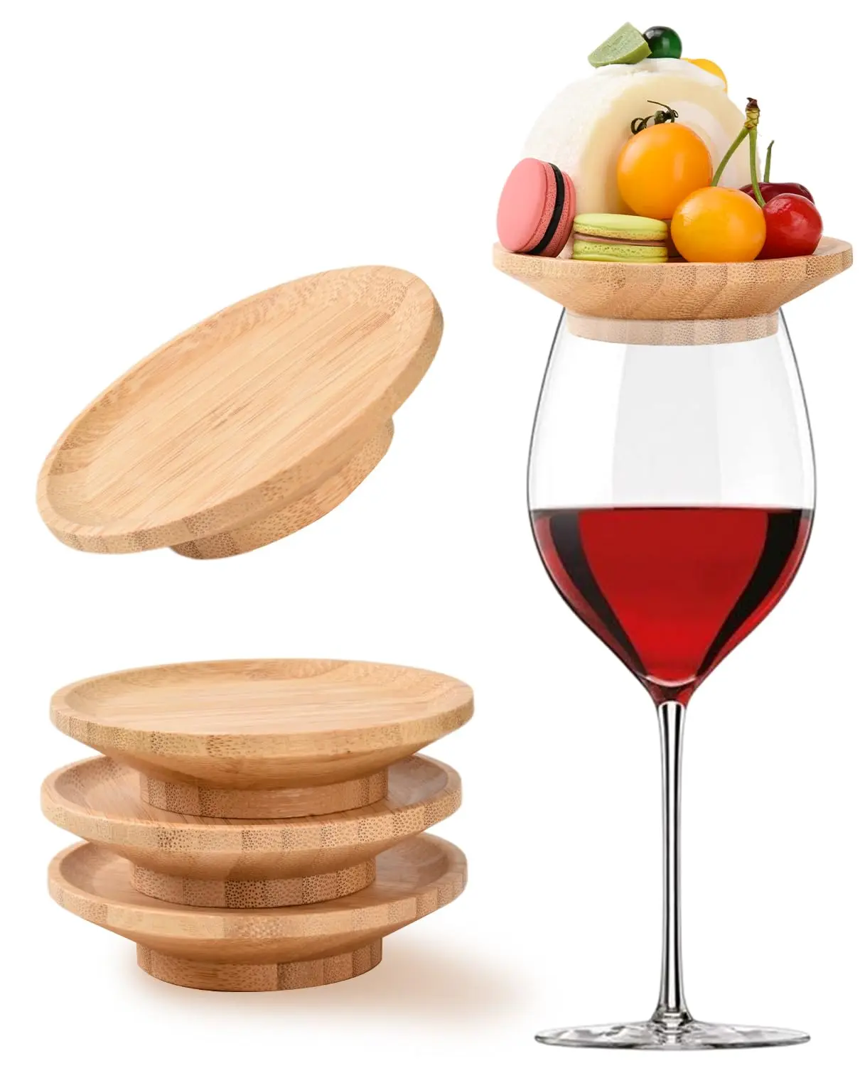Wooden Bamboo 4-Piece Kitchen Wine Glass Charcuterie Topper Covers - 4in Mini Boards & Appetizer Plates, 10 Designs, Hands-Free, 2.16in Base Diameter for Family Gatherings, Restaurants, 4 Inch