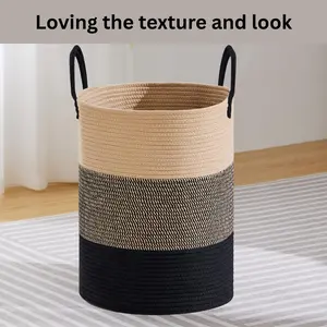 Camel & Black 60L Laundry Basket - Tall Woven Rope Hamper for Living Room, Bedroom & Bathroom Storage
