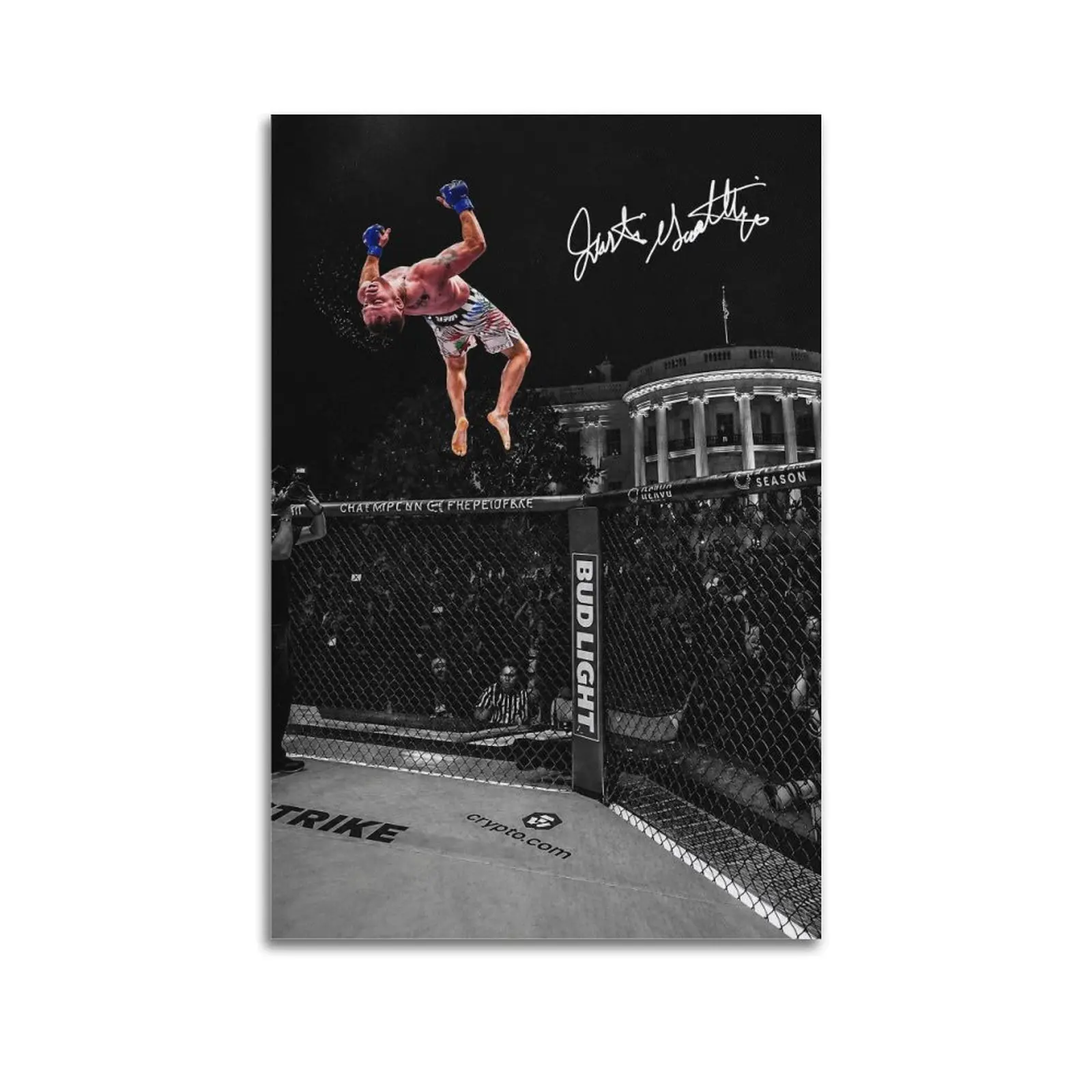 Justin Gaethje Backflip Canvas Poster - UFC White House Fight Octagon Wall Decor, Waterproof Black White Signed MMA Fighter Print, Gym Decor for Man Cave Gift for MMA Fans