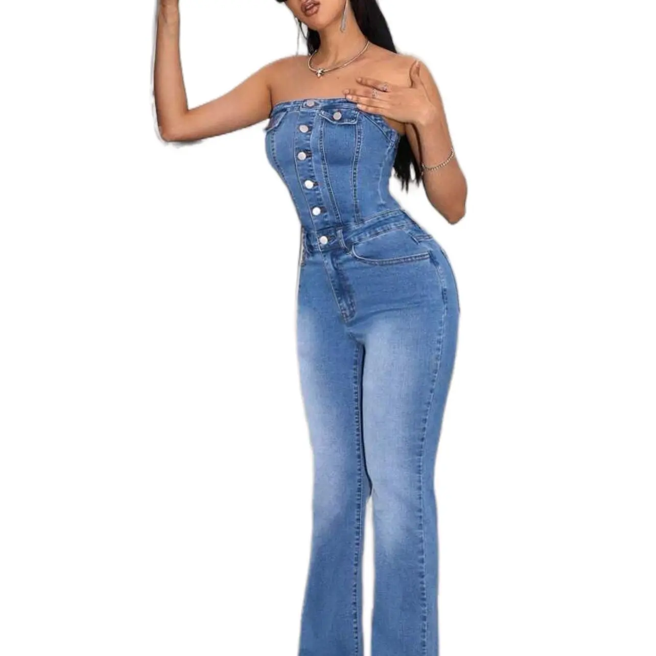 Women's Denim Strapless Jumpsuit trends Sizes 2 petite- 8/10