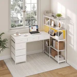 47.2" l-Shaped Computer Desk with 6 Drawers and 5-Tier Storage Shelves, Reversible Corner Desk with LED Lights and Power Outlets, Gaming Desk with USB/Type-c Ports, Home Office Workstation
