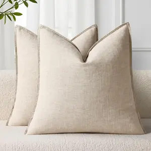 Spring Decorative Linen Throw Pillow Covers 20x20 Inch Set of 2 Natural Beige Pillow Covers with Flange Edges Soft Farmhouse Boho Accent Pillow Cases for C