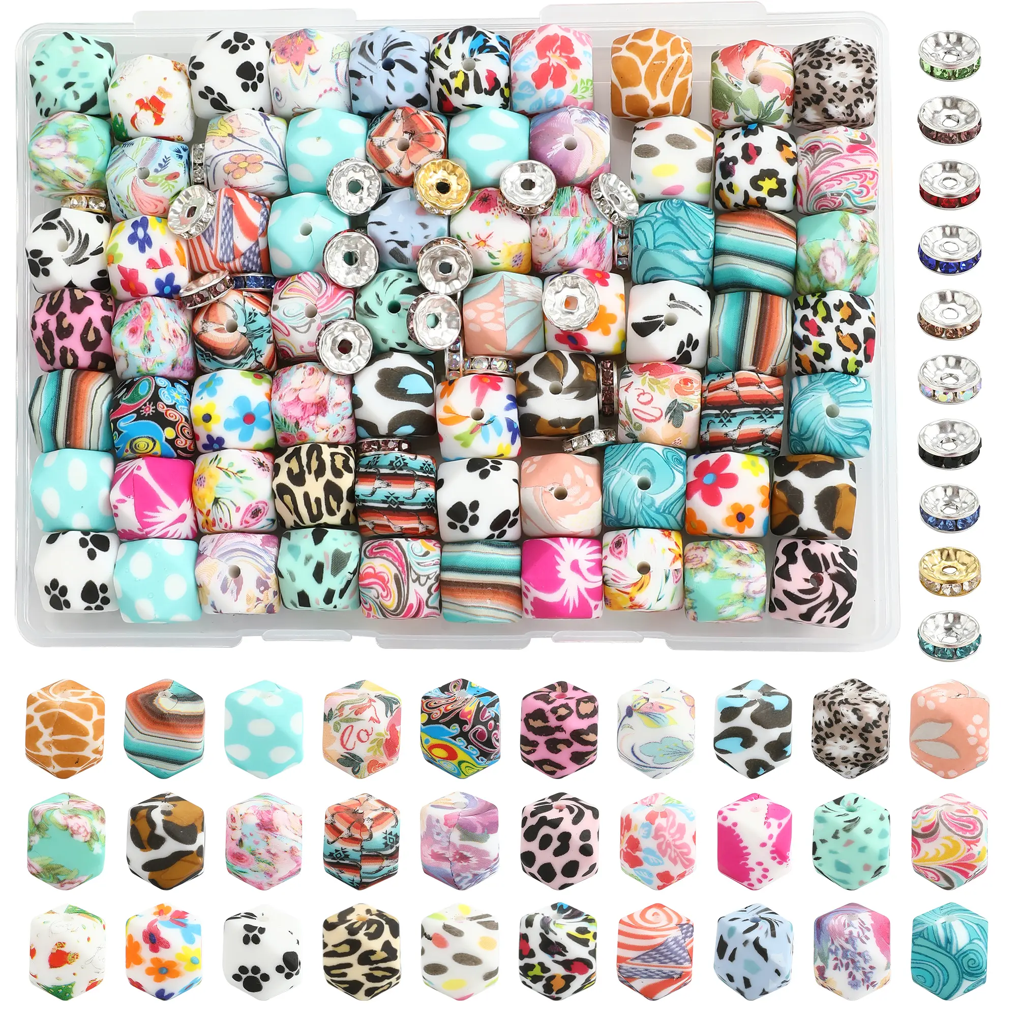 107-piece polygonal watermark silicone bead kits, including hexagonal beads and crystal spacer beads, suitable for DIY keychains, DIY bead accessories, beading pens, and handmade materials, etc.