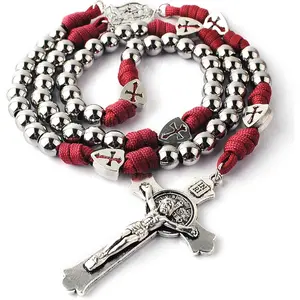 10mm Stainless Steel Bead Rosary Necklace - Large Heavy Rugged Look Paracord Cuban Link Chain, Adjustable Fit Unisex Wear Long Choker for Men, Vintage Cross Daily Prayer Beaded Necklace for Husband,summervibes