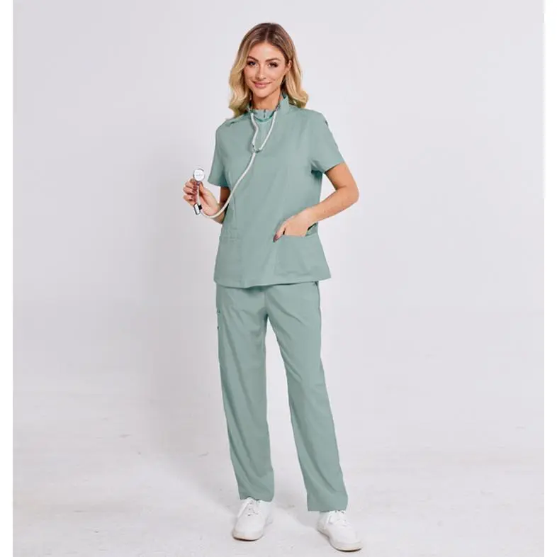 Solid Color Scrubs Sets for Women, Unisex Fit Stand Collar Zipper Top and Straight Leg Pants, Soft Fabric Medical Workwear, Basic, Sporty Sports Clothing Sets, All Season