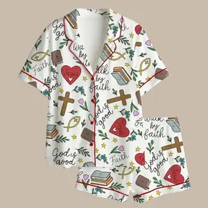 Women's 2Pc Pajama Set Christian Faith Print Jesus Cross Bible God Is Good Button Down Shirt Shorts Summer Sleepwear Loungewear Soft Comfy Religious Gift Casual Loose Fit