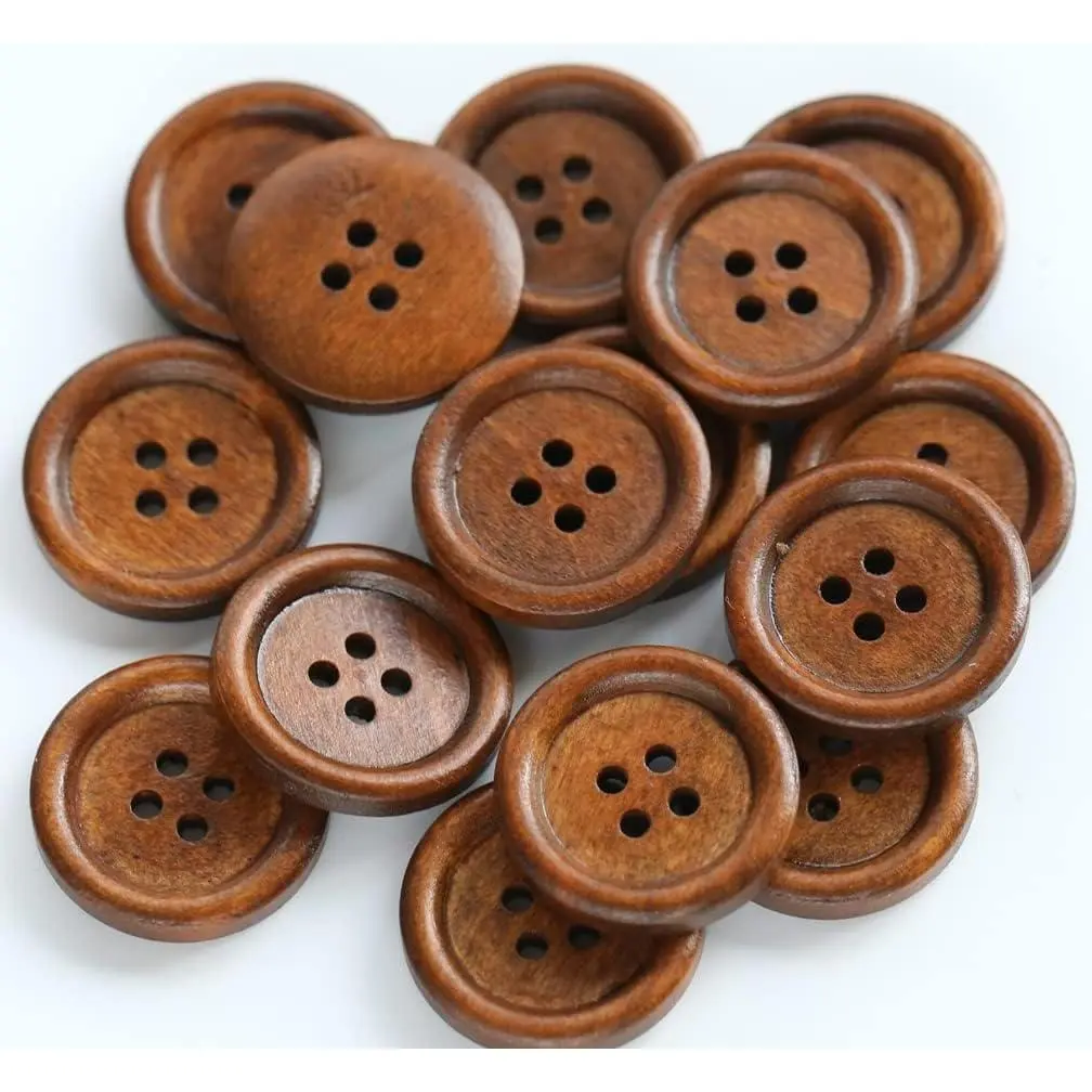 100-Count 1in (25mm) Brown Wooden Buttons for Sewing Garments, Clothes, Pants, Shorts, Scrapbook & DIY Crafts Sewing Projects