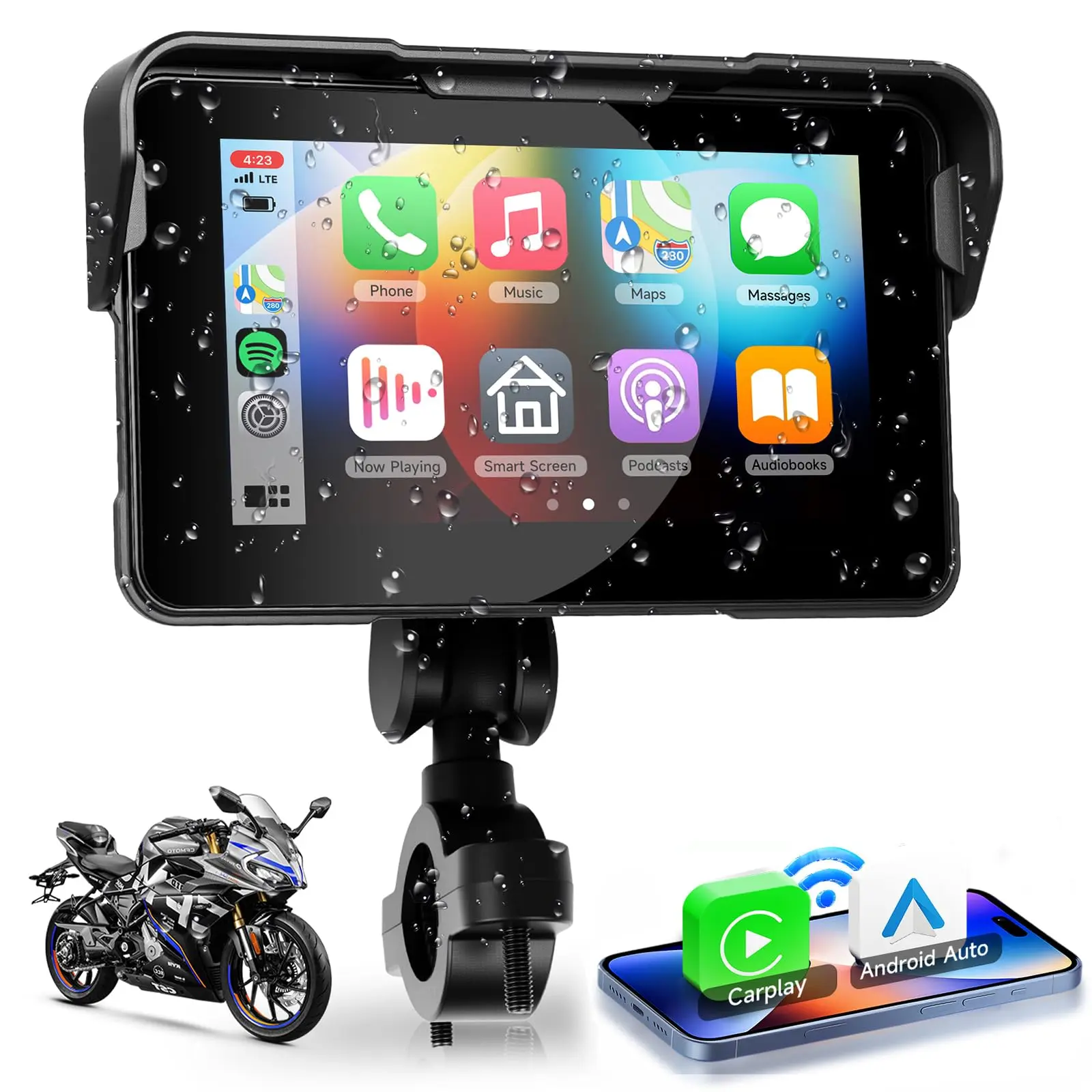 Portable Waterproof 5-In Carplay Touchscreen Motorcycle Stereo - Wireless CarPlay, Android Auto, Dual BT, GPS Navigation, Siri Support, iOS Compatible, Easy Install, Dustproof, SD Card Slot, Automotive Accessory, Father's Day Gift