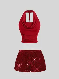 Fashion Sexy Backless Neckline Sequin Pendant Women's Fitted Ultra Short Shorts Set, Stylish Summer, Perfect for Parties and Events