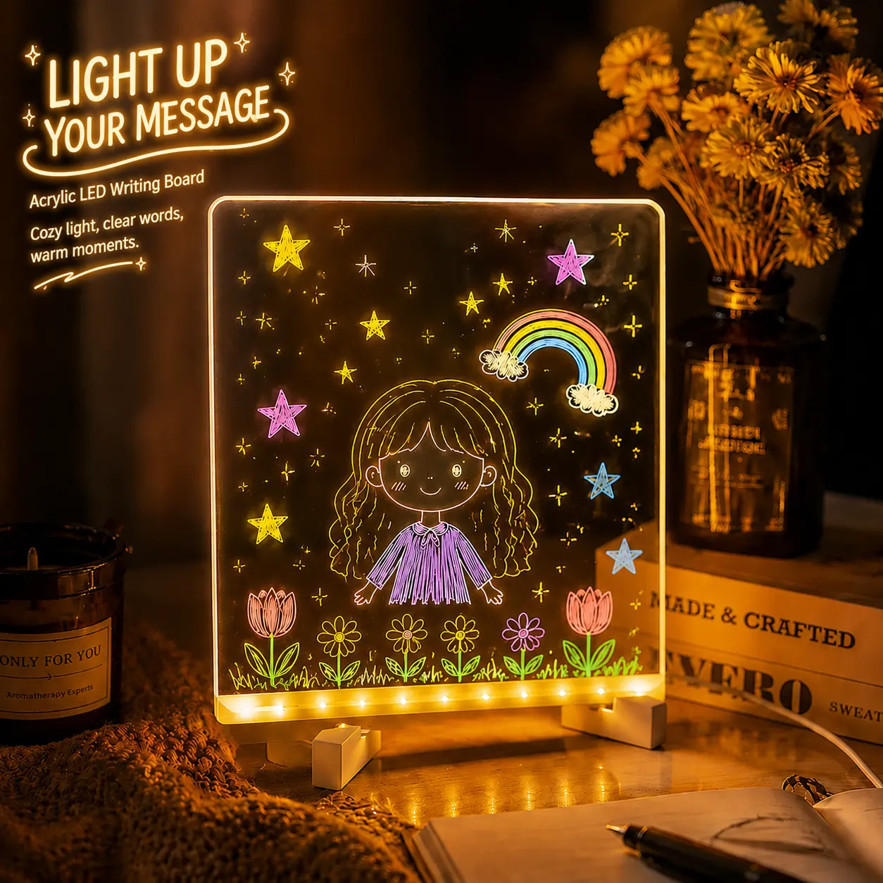 Erasable LED Glow-Up Drawing Board for Kids, Reusable Acrylic Light-Up Pad with 7 Markers, Stand & Cloth, DIY Fluorescent Back to School Supplies, Sketchpad