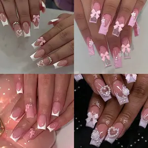 96pcs French Press-On Nails, 3D Flower, Butterfly, Pearl, Rhinestone Decor, Medium Size, Gel Glue & File Included, Summer Manicure Essential