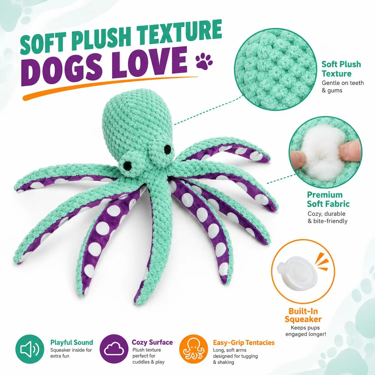Soft squeaky octopus dog toy—plush puppy chew toy suitable for small, medium, and large dogs; an interactive pet toy for training rewards, throwing, retrieving, pulling, and play.