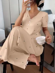 Spring Summer New Heart Print Women's Pajama Set, V Neck Front Button Design, Elastic Fabric, Comfortable Breathable Soft Skin-Friendly Loungewear