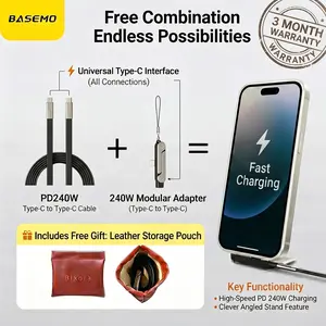 [March Warranty] Basemo New Upgraded 240W Super-Fast Charger with Detachable 2-in-1 360° Invisible Stand, Zinc Alloy & Silicone Type-C 1.5rice Cable – Ideal for Gaming, Office, Car Use, and Travel – Compatible with Apple and Samsung Devices