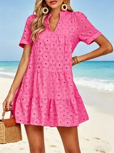 2026 Women's V Neck Beach Cover Up Flowy Swing Dress Short Sleeve Crochet Lace Summer Swimwear Mother's Day Gift