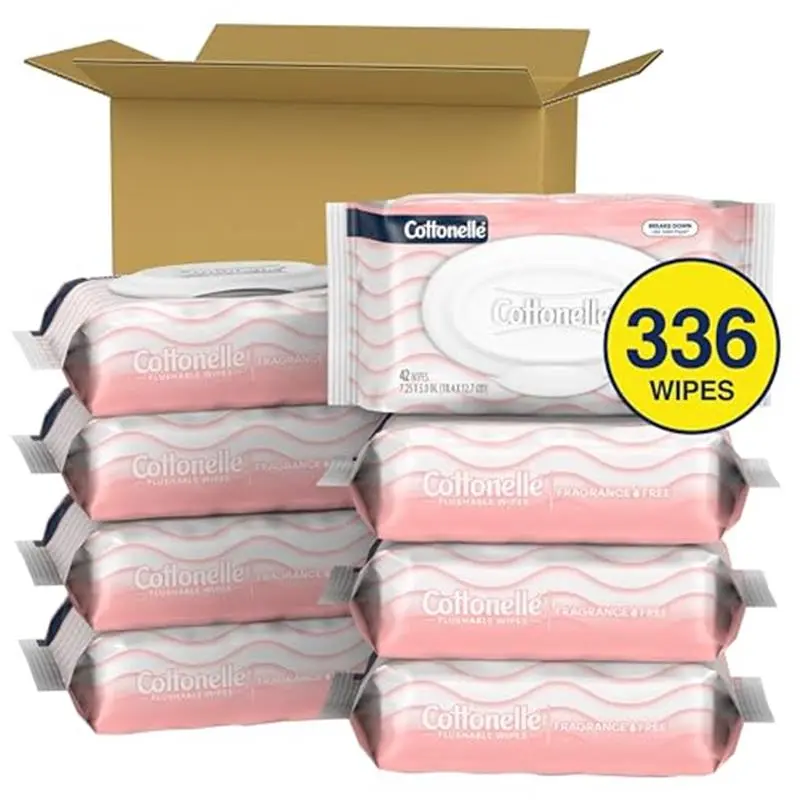 Fragrance Free Flushable Wet Wipes, Adult Wet Wipes, 8 Flip-Top Packs, 42 Wipes Per Pack